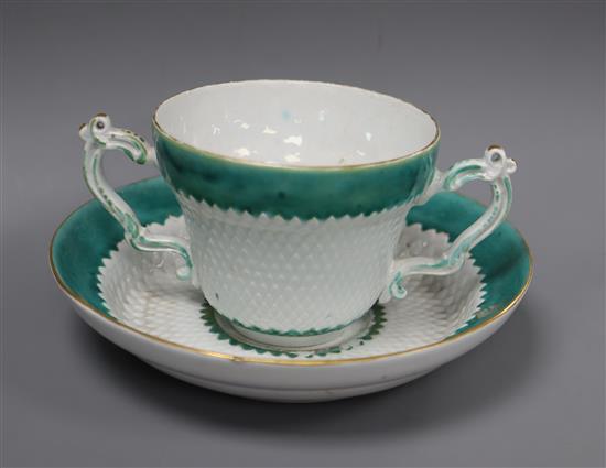 A Bow porcelain two-handled caudle cup and stand